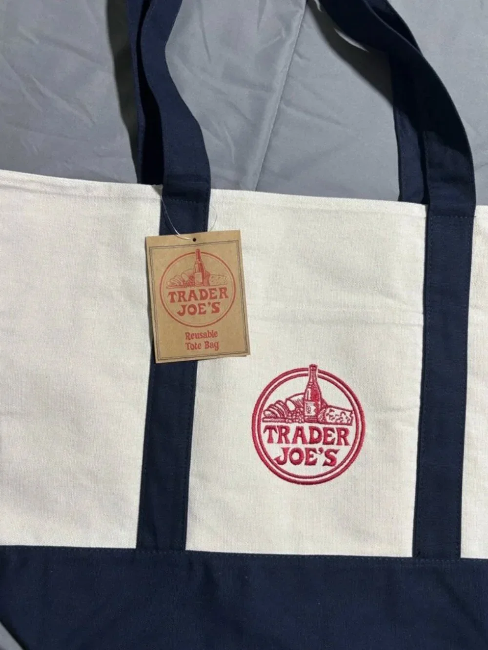 NWT Trader Joe's Large Canvas Tote Bag in White and Navy with Red Logo